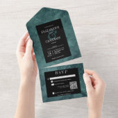 Donker Gotisch Blauwgroen & Zwart Diamant QR Code All In One Uitnodiging (Afscheurbaar)