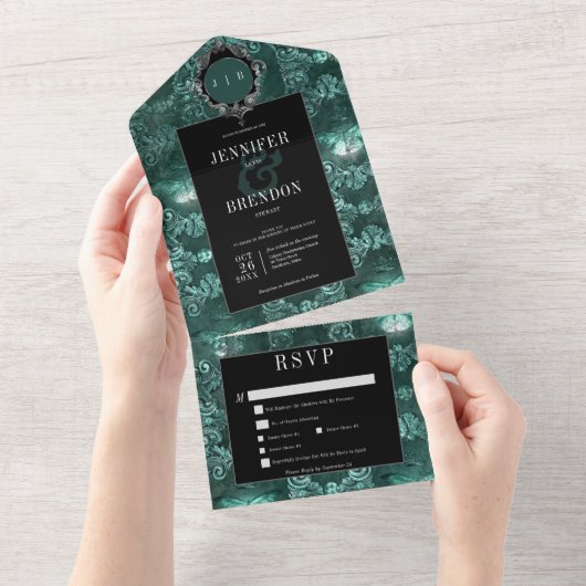 Donker Gotisch Blauwgroen & Zwart  Moth Diner All In One Uitnodiging (Afscheurbaar)