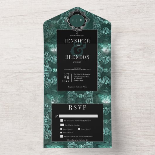 Donker Gotisch Blauwgroen & Zwart  Moth Diner All In One Uitnodiging (Binnen)