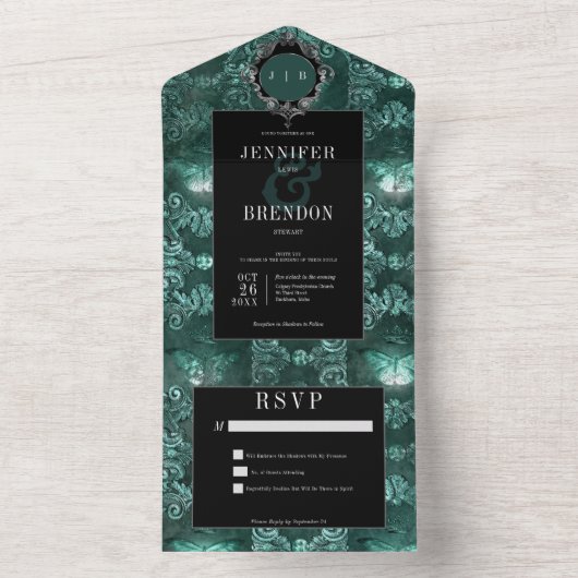 Donker Gotisch Blauwgroen & Zwart  Moth Geen Diner All In One Uitnodiging (Binnen)