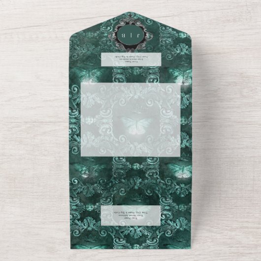 Donker Gotisch Blauwgroen & Zwart Moth QR Code All In One Uitnodiging (Buitenkant)