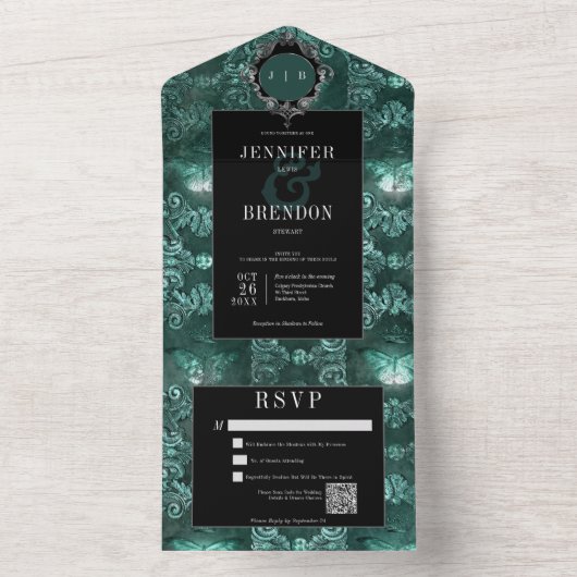 Donker Gotisch Blauwgroen & Zwart  Moth QR Code All In One Uitnodiging (Binnen)