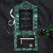 Donker Gotisch Blauwgroen & Zwart Moth QR Code All In One Uitnodiging