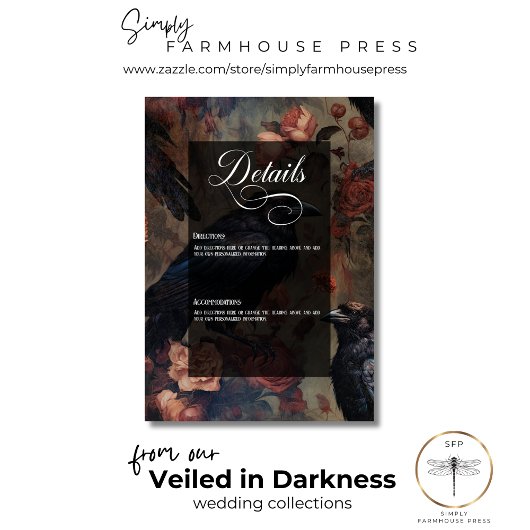 Donker Gotisch  Blush Bloemen & Zwart Ravens Informatiekaartje