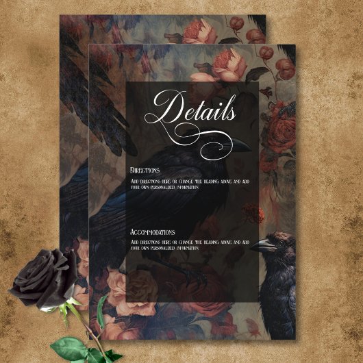 Donker Gotisch Blush Bloemen & Zwart Ravens Informatiekaartje