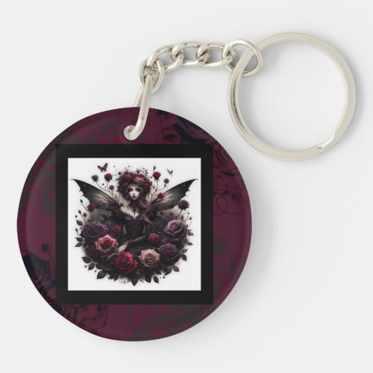 Donker Gotisch Bos Fairy Bloemen Rozen Bourgondië Sleutelhanger (Achterkant)