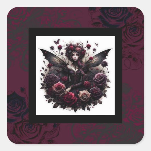 Donker Gotisch Bos Fairy Bloemen Rozen Bourgondië Vierkante Sticker (Voorkant)