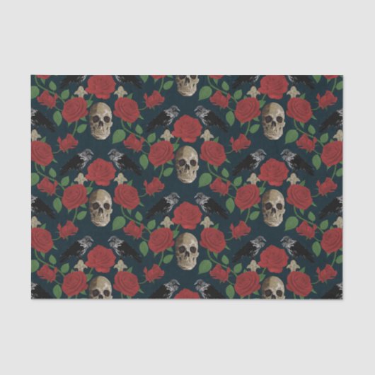 Donker Gotisch Grungy Roos Vines Raven Schedel roo Tissuepapier (Voorkant)
