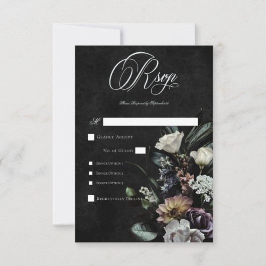 Donker Gotisch Mysterieus Gedempt Bloemen Diner RSVP Kaartje (Voorkant)