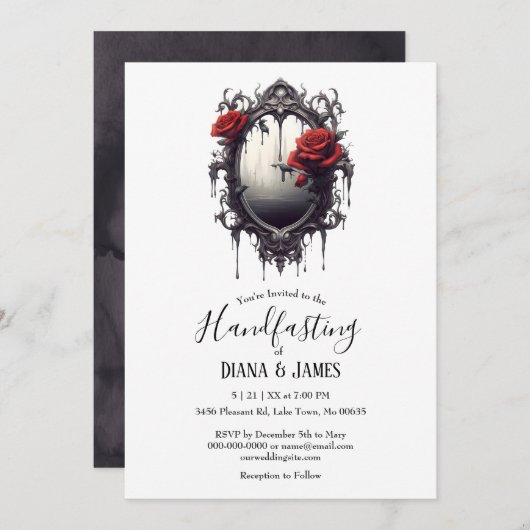 Donker Gotisch Rood Rose & Spiegel Fantasie Handva Kaart (Voorkant / Achterkant)