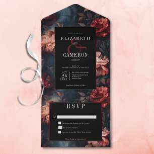 Donker Gotisch  Rood & Roze Bloemen Geen Diner All In One Uitnodiging