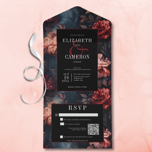 Donker Gotisch Rood & Roze Bloemen QR Code All In One Uitnodiging