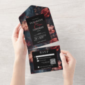 Donker Gotisch Rood & Roze Bloemen QR Code All In One Uitnodiging (Afscheurbaar)