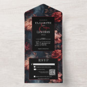 Donker Gotisch Rood & Roze Bloemen QR Code All In One Uitnodiging (Binnen)