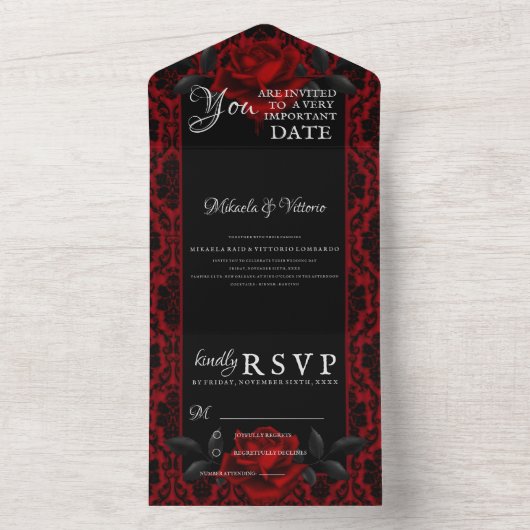 Donker Gotisch Roos Bruiloft All In One Uitnodiging (Binnen)