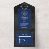 Donker Gotisch Zwart & Blauw Bloemen Satijn Diner All In One Uitnodiging (Binnen)