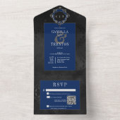 Donker Gotisch Zwart & Blauw Bloemen Satijn QR Cod All In One Uitnodiging (Binnen)