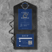 Donker Gotisch Zwart & Blauw Bloemen Satijn QR Cod All In One Uitnodiging