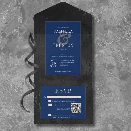 Donker Gotisch Zwart & Blauw Bloemen Satijn QR Cod All In One Uitnodiging