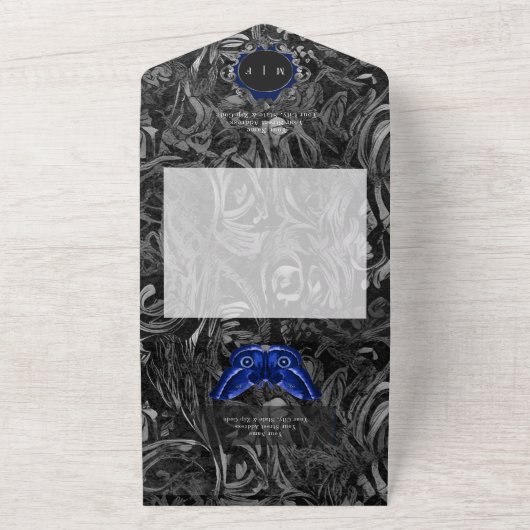 Donker Gotisch Zwart & Blauw Filigraan Moth QR Cod All In One Uitnodiging (Buitenkant)