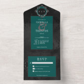 Donker Gotisch Zwart & Blauwgroen Bloemen Satijn G All In One Uitnodiging (Binnen)