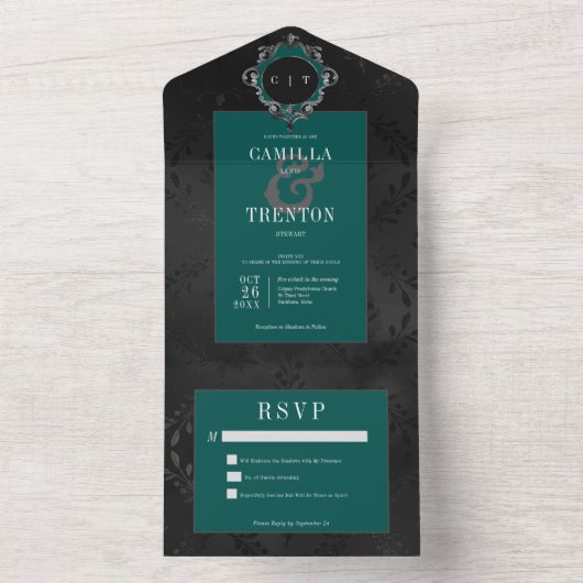 Donker Gotisch Zwart & Blauwgroen Bloemen Satijn G All In One Uitnodiging (Binnen)