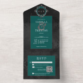 Donker Gotisch Zwart & Blauwgroen Bloemen Satijn Q All In One Uitnodiging (Binnen)