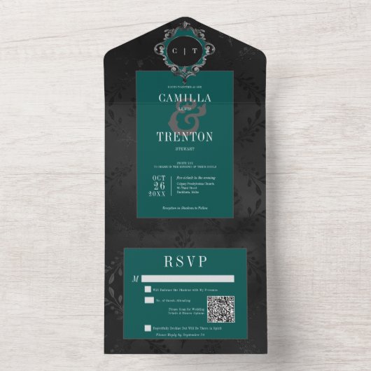 Donker Gotisch Zwart & Blauwgroen Bloemen Satijn Q All In One Uitnodiging (Binnen)