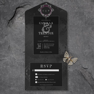 Donker Gotisch Zwart Bloemen Satijn Diner All In One Uitnodiging