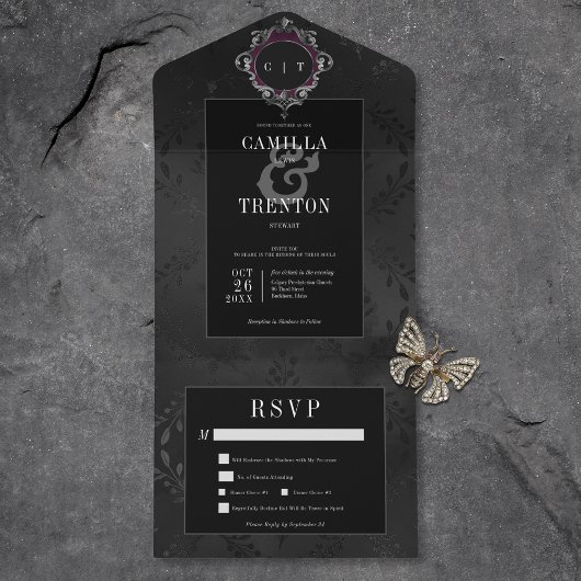 Donker Gotisch Zwart Bloemen Satijn Diner All In One Uitnodiging