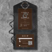 Donker Gotisch Zwart & Bruin Bloemen Satijn QR Cod All In One Uitnodiging