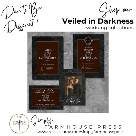 Donker Gotisch Zwart & Bruin Bloemen Satijn QR Cod All In One Uitnodiging