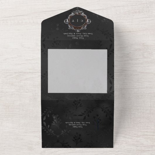Donker Gotisch Zwart & Bruin Bloemen Satijn QR Cod All In One Uitnodiging (Buitenkant)