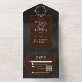 Donker Gotisch Zwart & Bruin Bloemen Satijn QR Cod All In One Uitnodiging (Binnen)