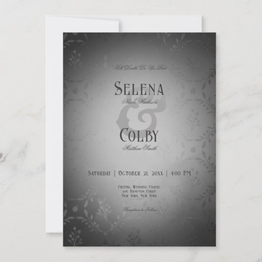 donker gotisch zwart damast bruiloft kaart (Voorkant)