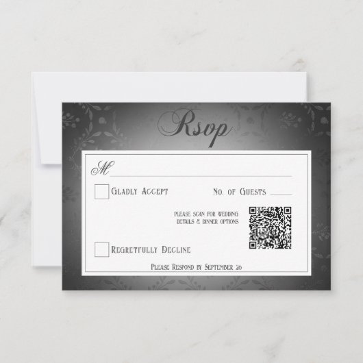 donker gotisch zwart damast bruiloft QR-code RSVP Kaartje (Voorkant)