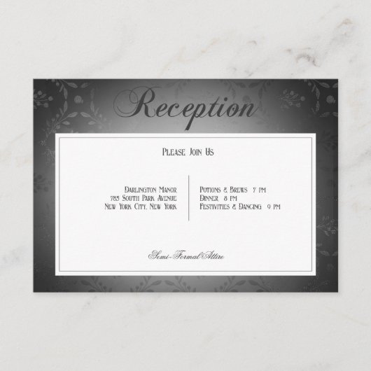  donker gotisch zwart damast bruiloft receptie informatiekaartje (Voorkant)