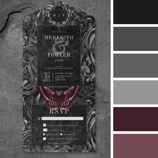 Donker Gotisch Zwart & Grijs Filigraan Moth Diner All In One Uitnodiging