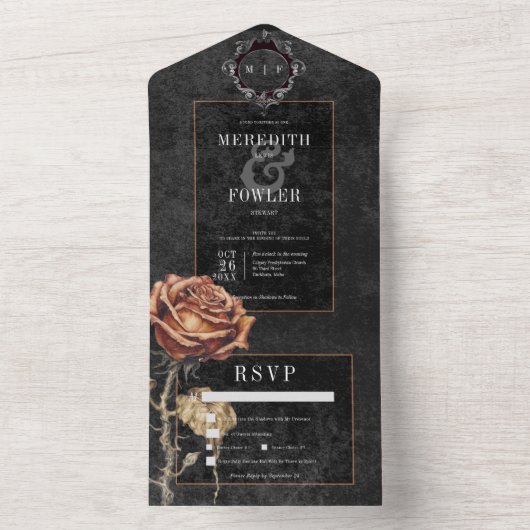 Donker Gotisch Zwart & Grijs Roest Roos Diner All In One Uitnodiging (Binnen)