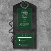 Donker Gotisch Zwart & Groen Bloemen Satijn Diner All In One Uitnodiging