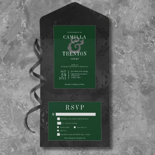 Donker Gotisch Zwart & Groen Bloemen Satijn Diner All In One Uitnodiging