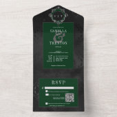 Donker Gotisch Zwart & Groen Bloemen Satijn QR Cod All In One Uitnodiging (Binnen)