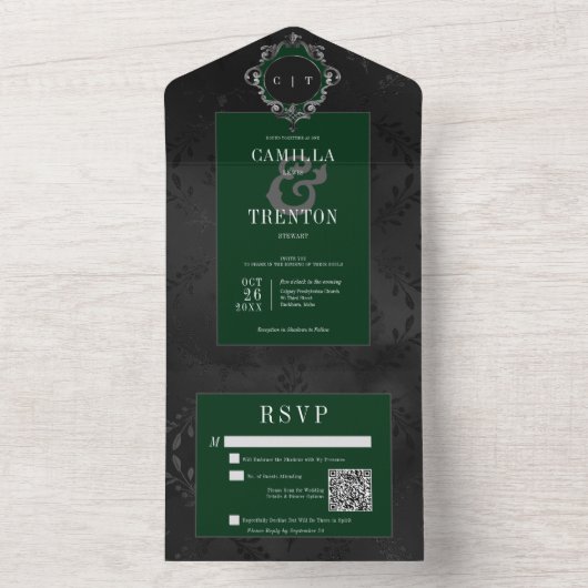 Donker Gotisch Zwart & Groen Bloemen Satijn QR Cod All In One Uitnodiging (Binnen)