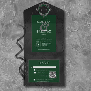 Donker Gotisch Zwart & Groen Bloemen Satijn QR Cod All In One Uitnodiging