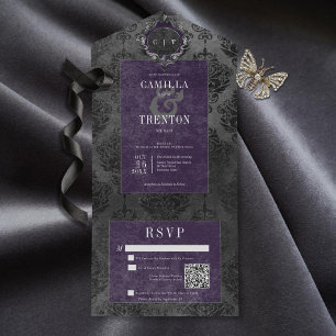 Donker Gotisch Zwart & Paarse Damask QR Code All In One Uitnodiging