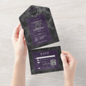 Donker Gotisch Zwart & Paarse Damask QR Code All In One Uitnodiging (Afscheurbaar)