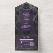 Donker Gotisch Zwart & Paarse Damask QR Code All In One Uitnodiging (Binnen)