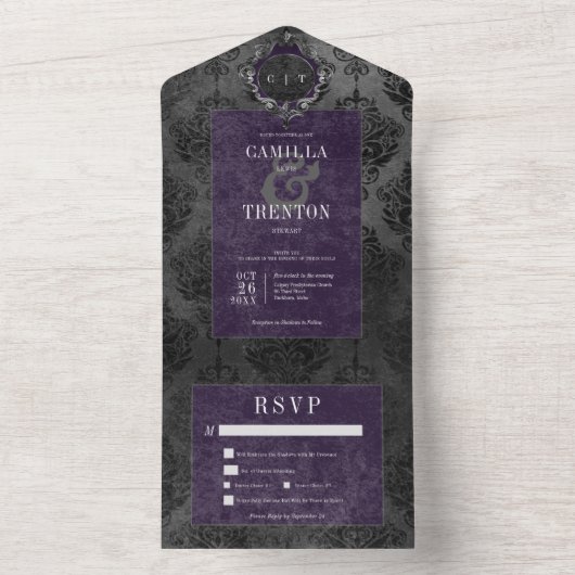 Donker Gotisch Zwart & Paarse Damast Diner All In One Uitnodiging (Binnen)
