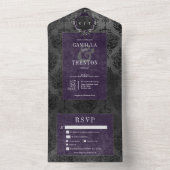 Donker Gotisch Zwart & Paarse Damast Diner All In One Uitnodiging (Binnen)