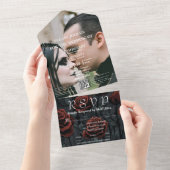 Donker Gotisch Zwart Rood Rose Bloemen QR Code Fot All In One Uitnodiging (Afscheurbaar)